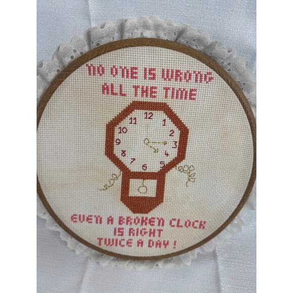 Cross Stitch "Even a Broken Clock is Right Twice a Day!" 9" framed vintage - Picture 1 of 4